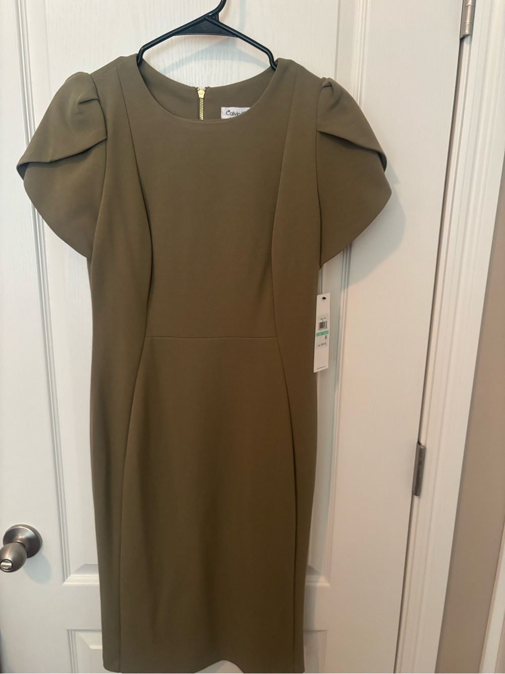 Calvin Klein Olive Green Puff-Sleeve Midi Dress